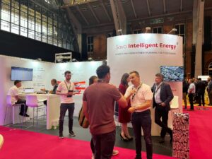 Sava Development Director Andy Flook speaking to delegates on the Sava Intelligent Energy stand at Housing 2022 in Manchester